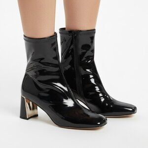 NWOT Aldo Patent Leather Heeled Boots 10 Black Square Toe Ankle Bootie Side Zip